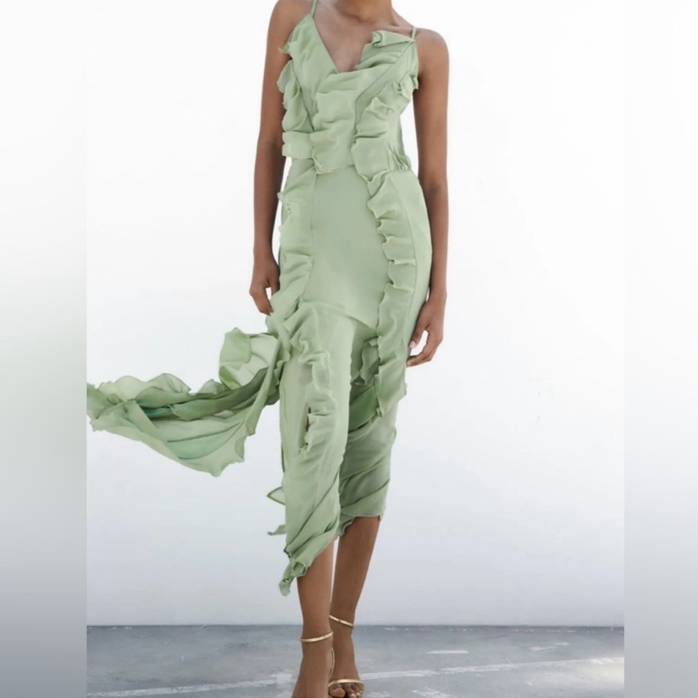 Zara Viral Ruffled V-Neck Sea Green SS23 Long Dress - Picture 2 of 4